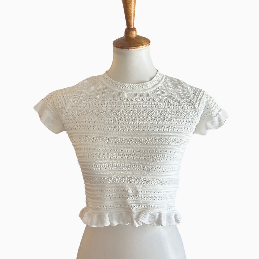 Forever New White Textured Knit Crop Top | Frill Cap Sleeve Tee XS/S | Y2K